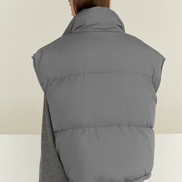 Grey Casual Women's Drawstring Hem Sleeveless Zip Front Puffer Pockets Coat - Picture 2 of 8